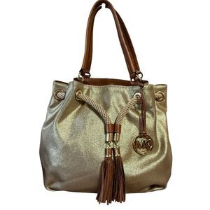 Michael Michael Kors Marina Large Metallic Canvas Tote in Gold and Brown